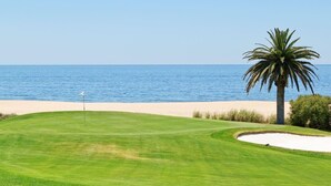 Un parcours de golf offrant une vue dégagée sur l’océan et agrémenté d’un palmier.