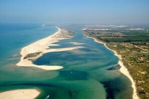 Eine Luftaufnahme einer Küstenregion mit Sandstrand und klarem, blauem Wasser.