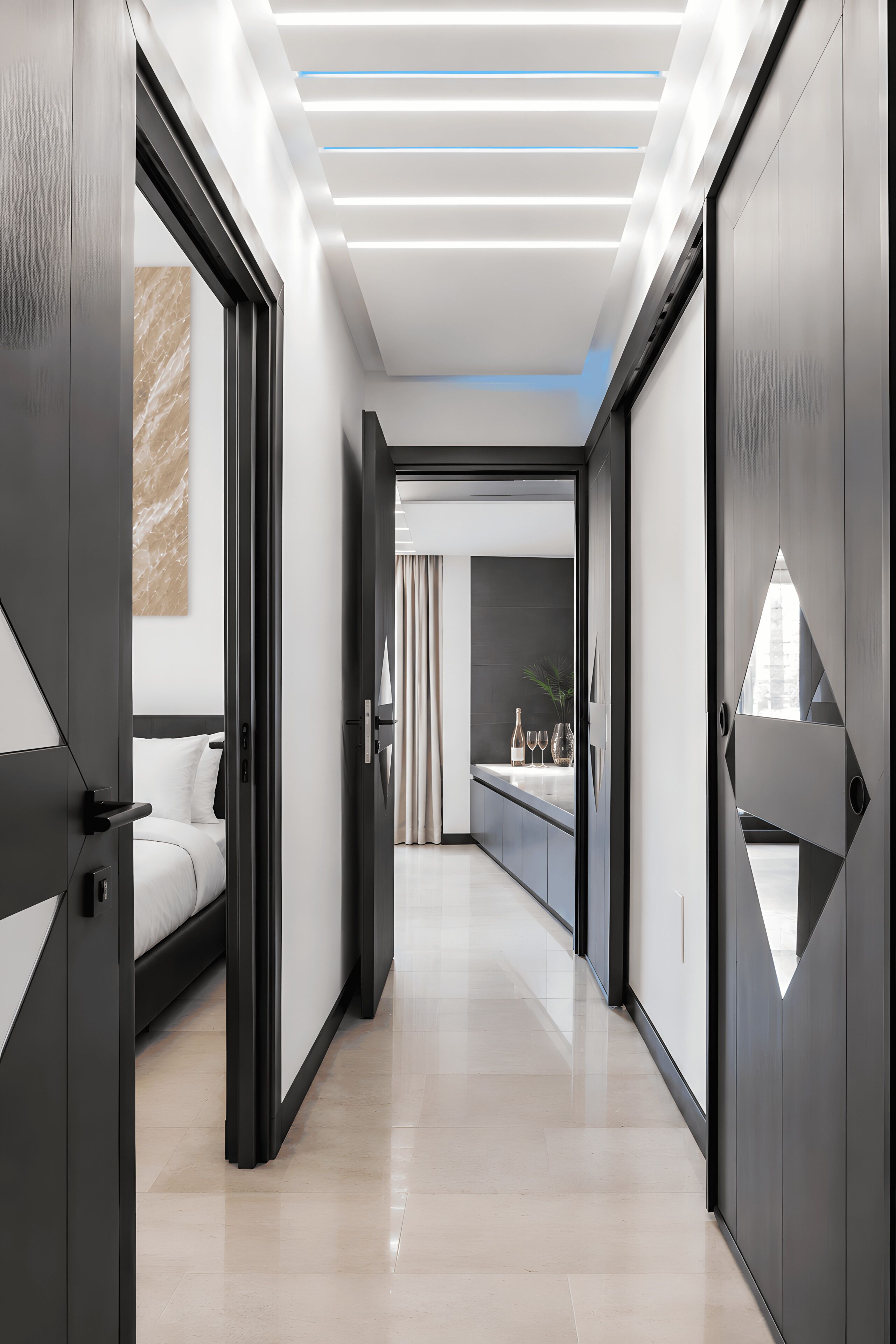 Passadís d'un hotel modern amb un llit, un bany i una zona de cuina.