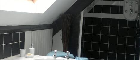 Ensemble baignoire-douche, séchoir à cheveux, serviettes fournies
