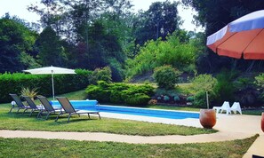 A swimming pool with lounge chairs and umbrellas, surrounded by greenery.