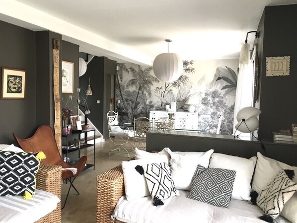 Télévision, cheminée, lecteur de DVD, livres