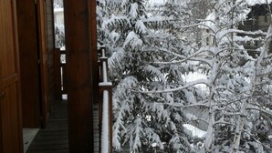 Un edificio de madera con un porche cubierto de nieve y árboles.