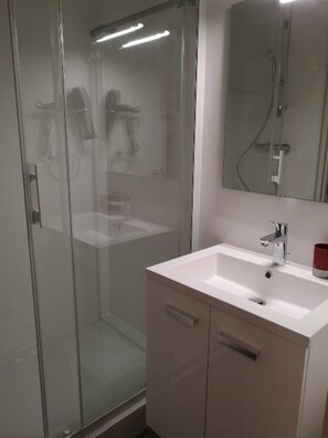 Ein modernes Badezimmer mit einer Duschkabine, einem weißen Waschbecken und einem Spiegel darüber.