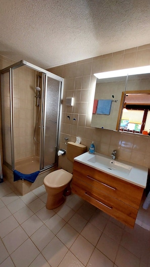 Dusche, Haartrockner, Handtücher, Seife