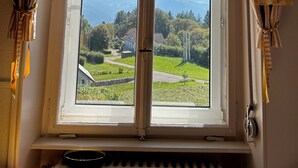 Una finestra con vista su un paesaggio verde e montagne.