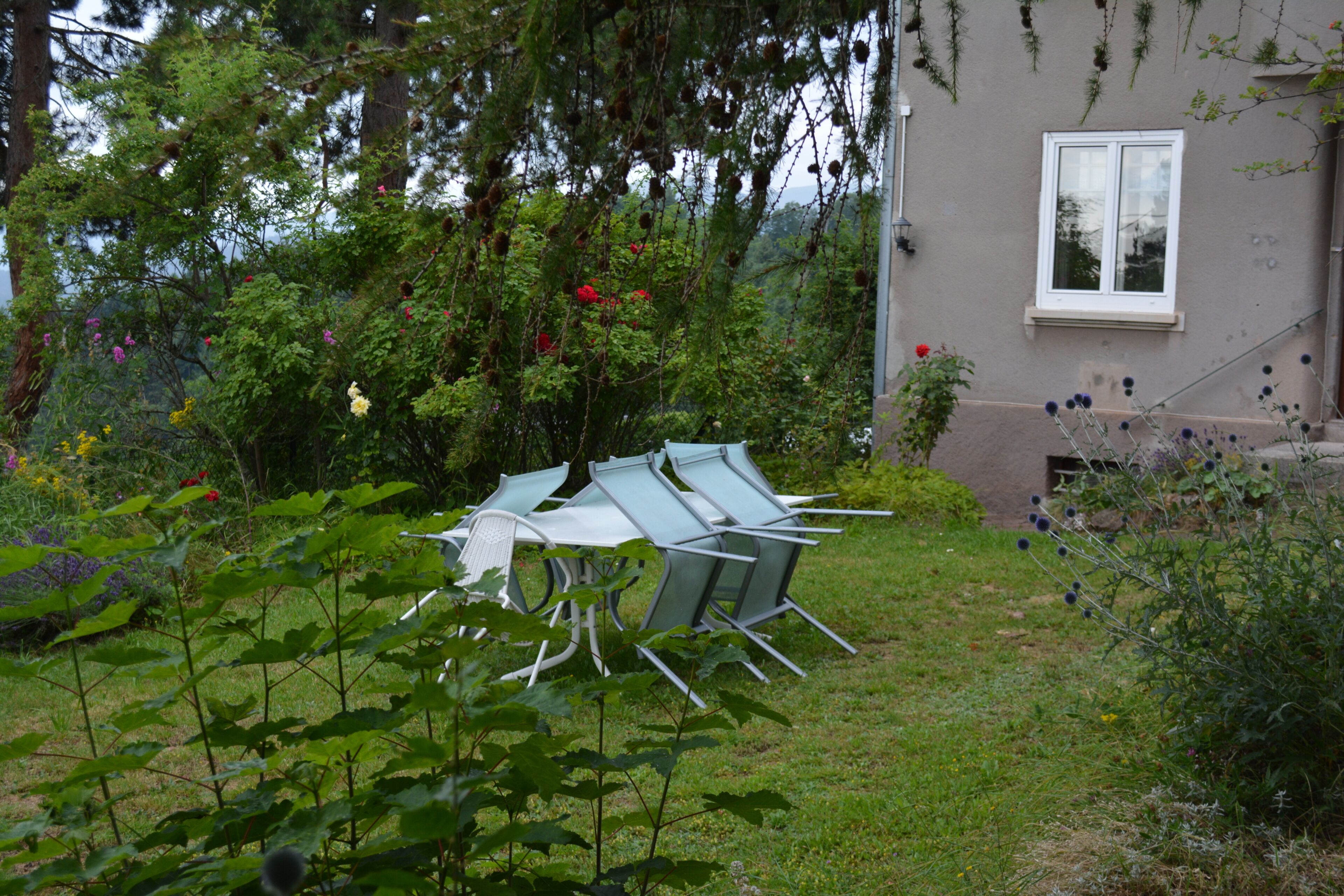 Un jardín con una mesa y sillas de metal, rodeado de follaje y plantas con flores.
