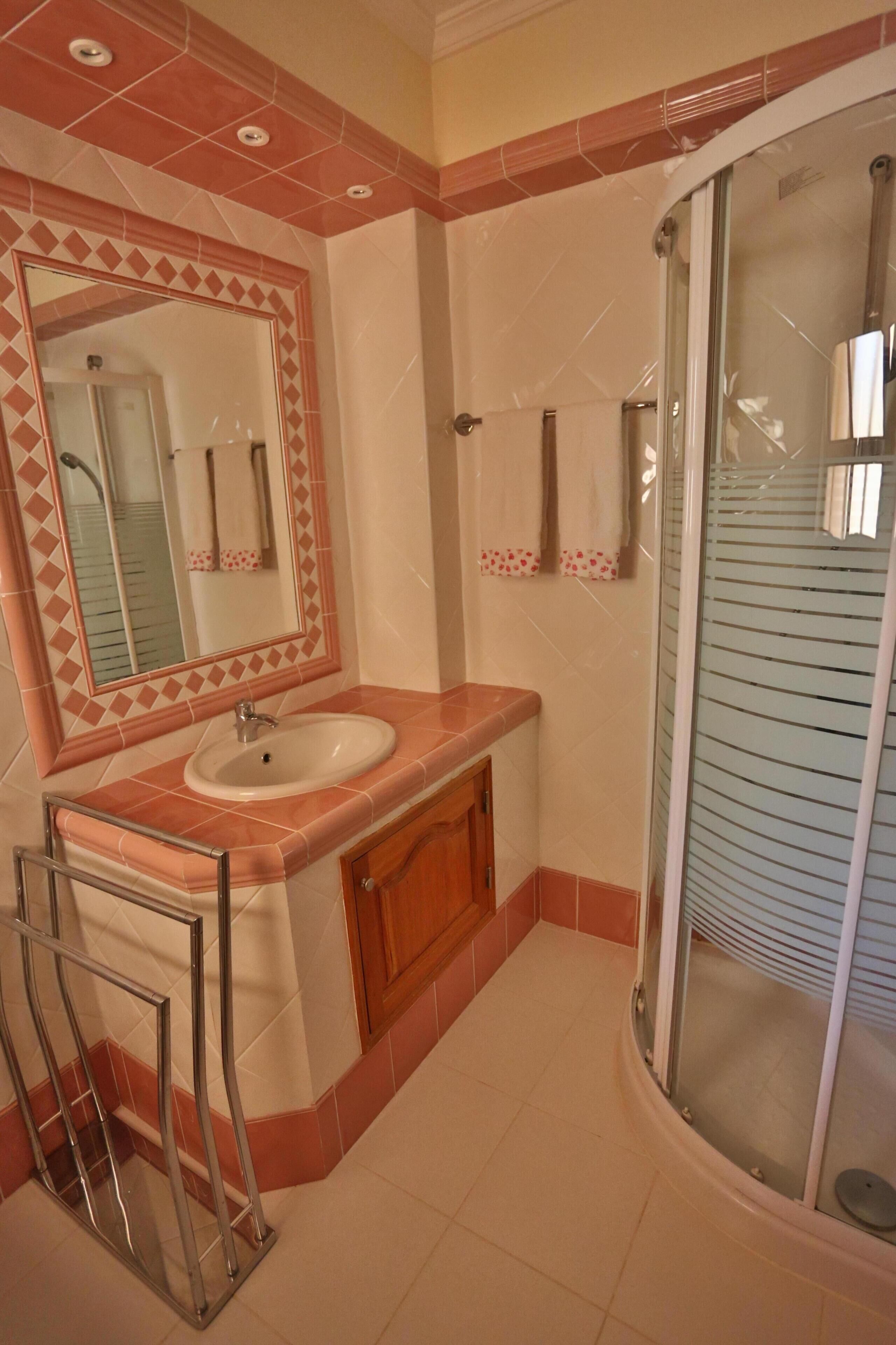 A bathroom with a sink, mirror, shower, and tiled walls.