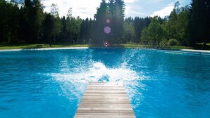 Une piscine avec une terrasse en bois au premier plan et une zone boisée en arrière-plan.