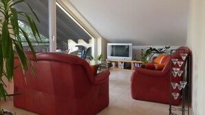 Een woonkamer met een televisie, rode leren banken, een glazen salontafel en een plant in pot.