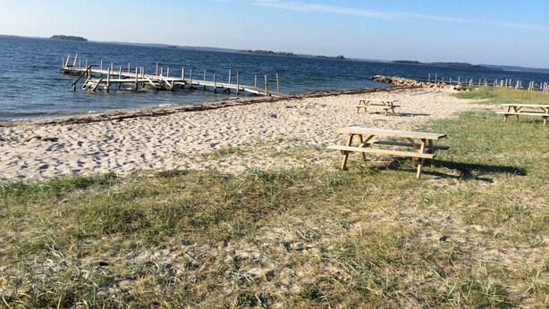 Ein Strand mit Holztischen und einer Mole, die ins Wasser führt.