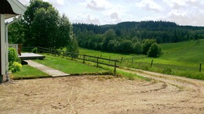 Un paisaje rural con un camino de tierra que lleva a una valla de madera, un campo cubierto de hierba y una colina boscosa al fondo.