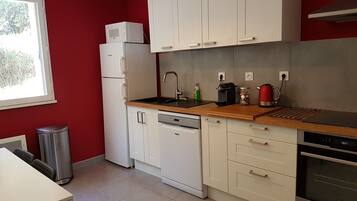 Frigorífico, microondas, horno y placa de cocina