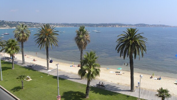 A beach with palm trees, a boardwalk, and boats in the water. - 4-room apartment 90 m² + Terrace 17 m². Sea Front, Panoramic Sea View (Bandol)