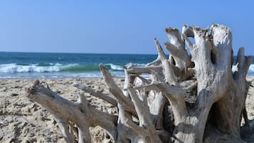 Vlak bij het strand, ligstoelen aan het strand