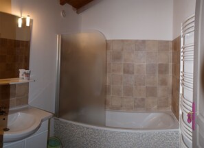 Hair dryer, towels, soap, toilet paper
