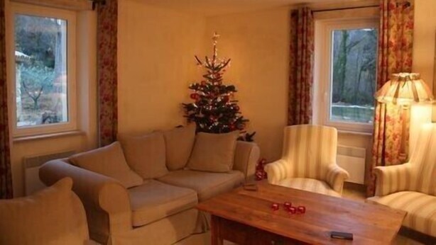 Een gezellige woonkamer met een bank, fauteuil en een salontafel. In de hoek staat een kleine kerstboom.