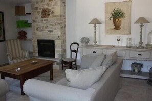 TV, fireplace, DVD player, books