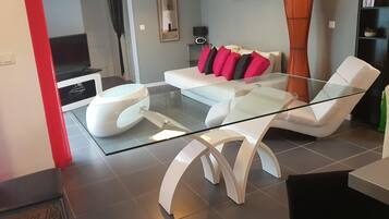 Télévision, lecteur de DVD, table de tennis de table, livres