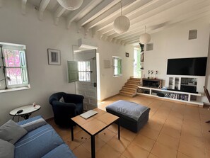 TV, fireplace, DVD player, books