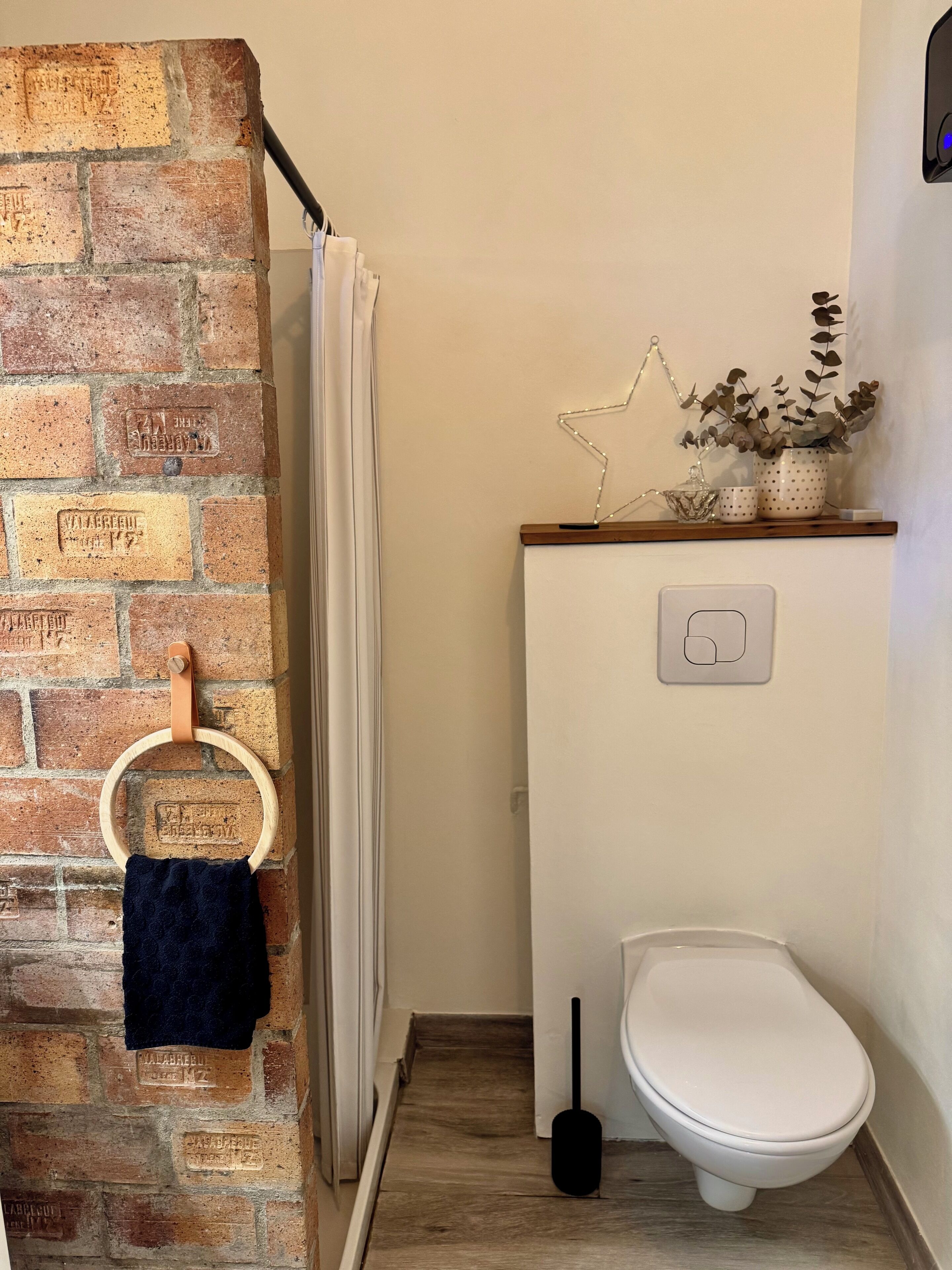 Une salle de bain avec des toilettes blanches, un porte-serviettes en bois et un rideau de douche.