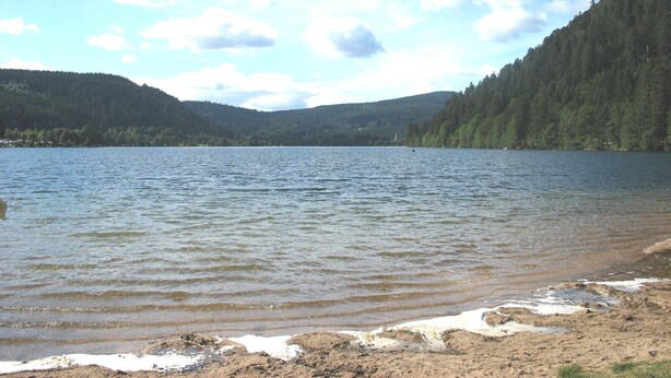 Metsäisten kukkuloiden ympäröimä järvi.