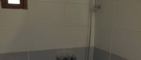 Une petite salle de bain avec une douche, des toilettes et une fenêtre.