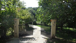 A gated entrance with a gravel path leading through a wooded area. - Gîte 2p Lascaux, 2*, wifi, park, games, heated swimming pool, Spa, ok dogs & cats (MONTIGNAC-LASCAUX)