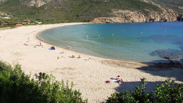 Une plage avec une eau d’un bleu limpide, un rivage sablonneux et des collines verdoyantes en arrière-plan.