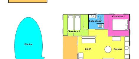 Grundriss eines Hotels mit drei Schlafzimmern, einem Badezimmer, einer Küche, einem Essbereich, einem Fernsehraum und einer überdachten Terrasse.