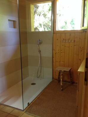 Combined shower/tub, hair dryer, towels, soap