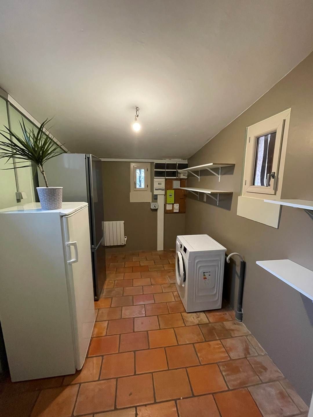Une cuisine compacte équipée d’un réfrigérateur, d’un lave-linge et agrémentée d’une plante en pot.