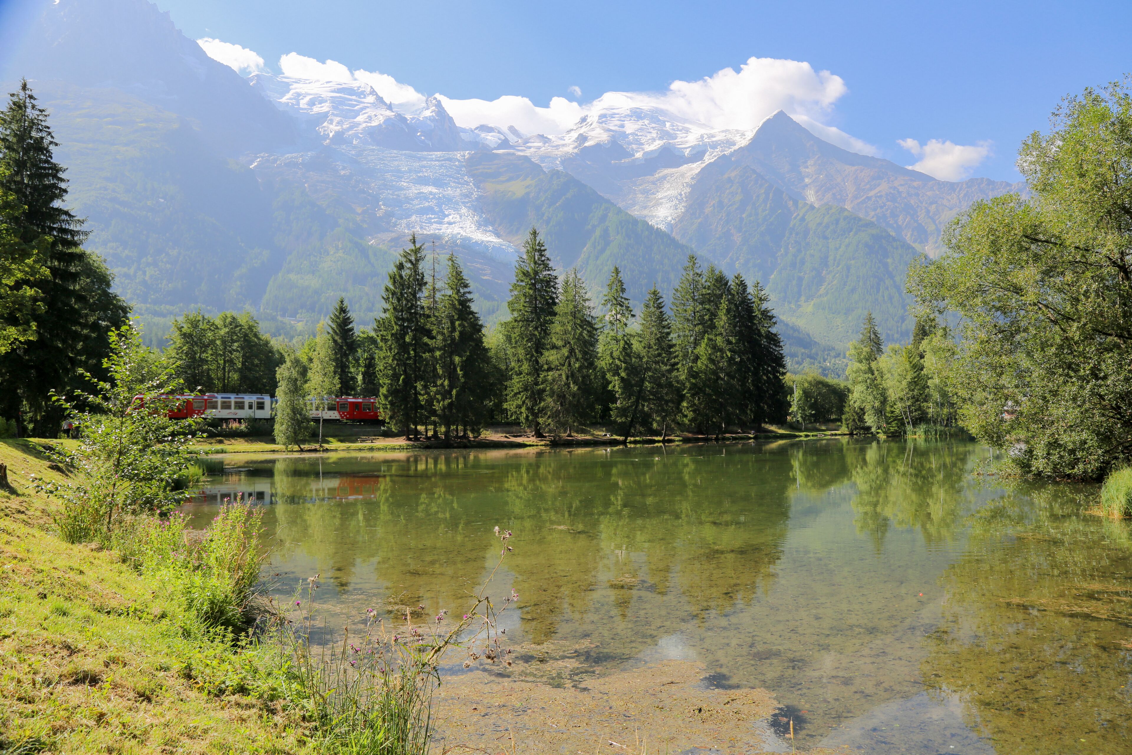 A lake with a mountain backdrop, a red train on tracks, and dense forest.
