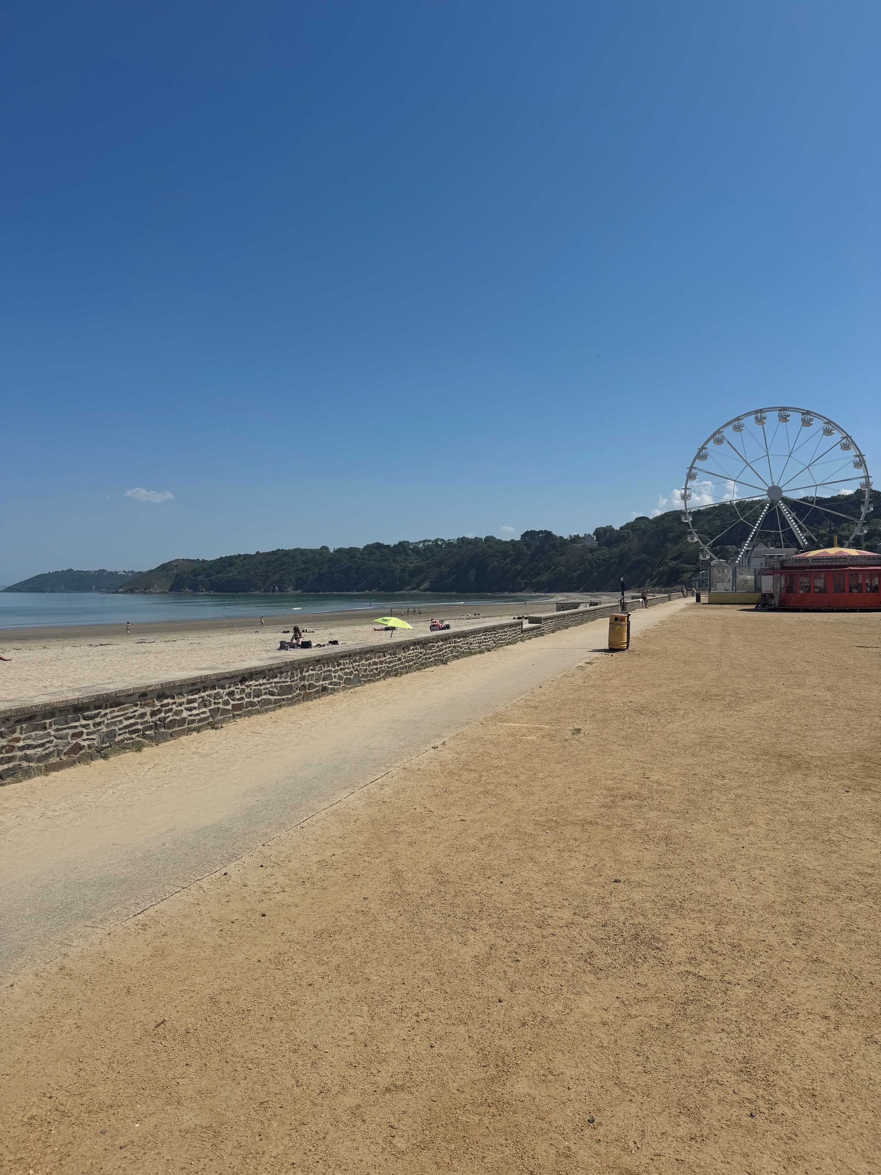 Ein Strand mit sandigem Ufer, einer Steinmauer und einem großen Riesenrad im Hintergrund.