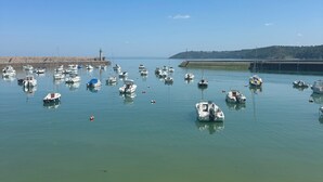 A marina with boats docked, calm water, and a distant hill. - Charming Studio Facing the Port and 100 m from the beach (Binic)