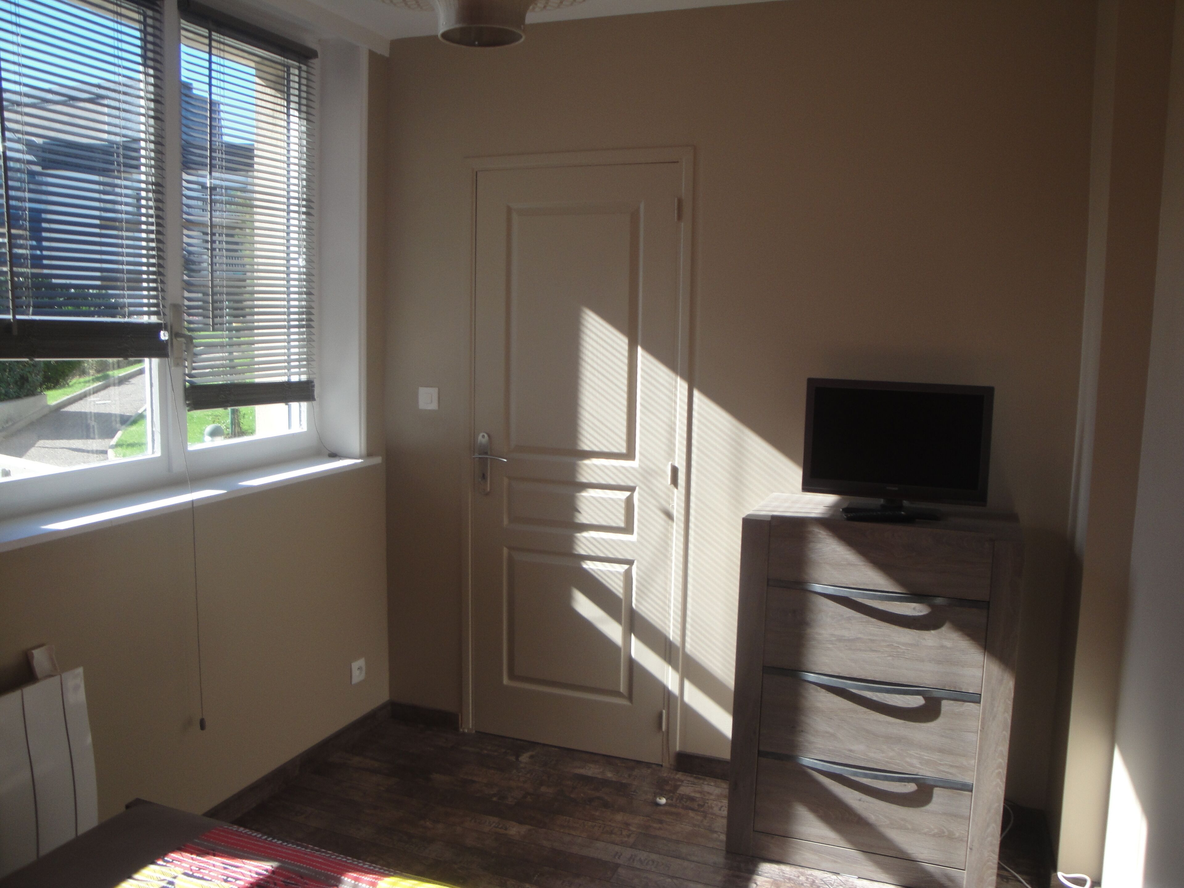 Een kamer met een houten vloer, een witte deur, een televisie op een houten kast en een raam met zonwering.