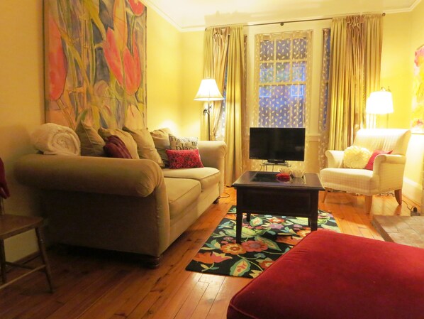 Smart TV, fireplace, books, music library