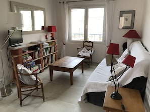 TV, DVD player, books, stereo