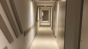 A long, narrow hallway with a carpeted floor and doors on both sides.