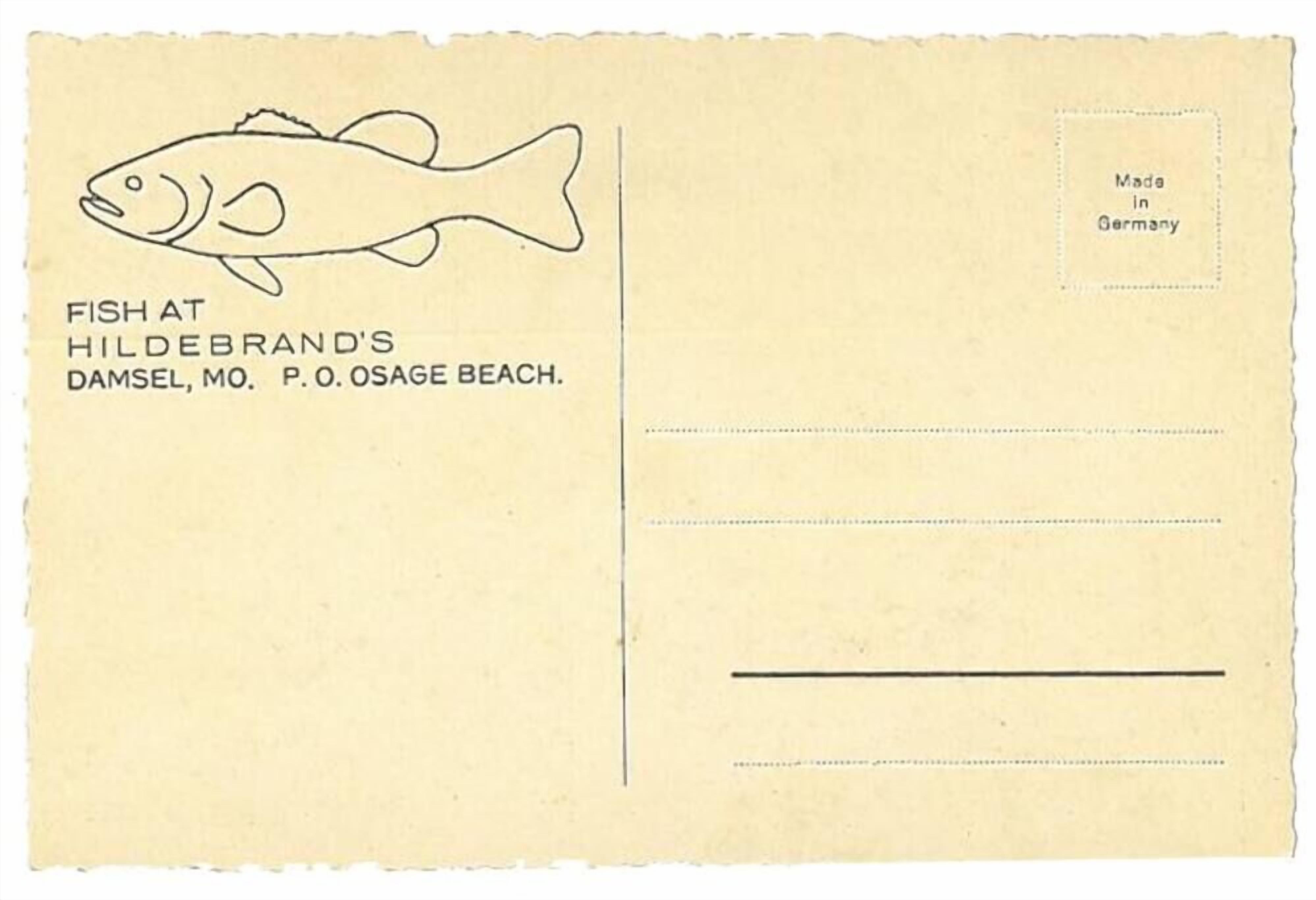 A postcard with a fish illustration and text indicating it is from HILDEBRAND'S in Damsel, MO.
