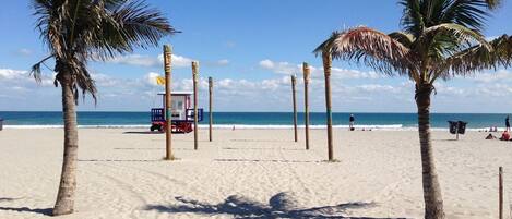 On the beach, sun-loungers, beach towels