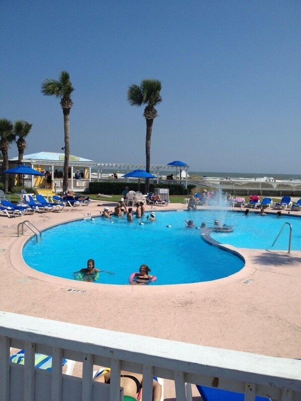 A pool area with lounge chairs and umbrellas, surrounded by palm trees.