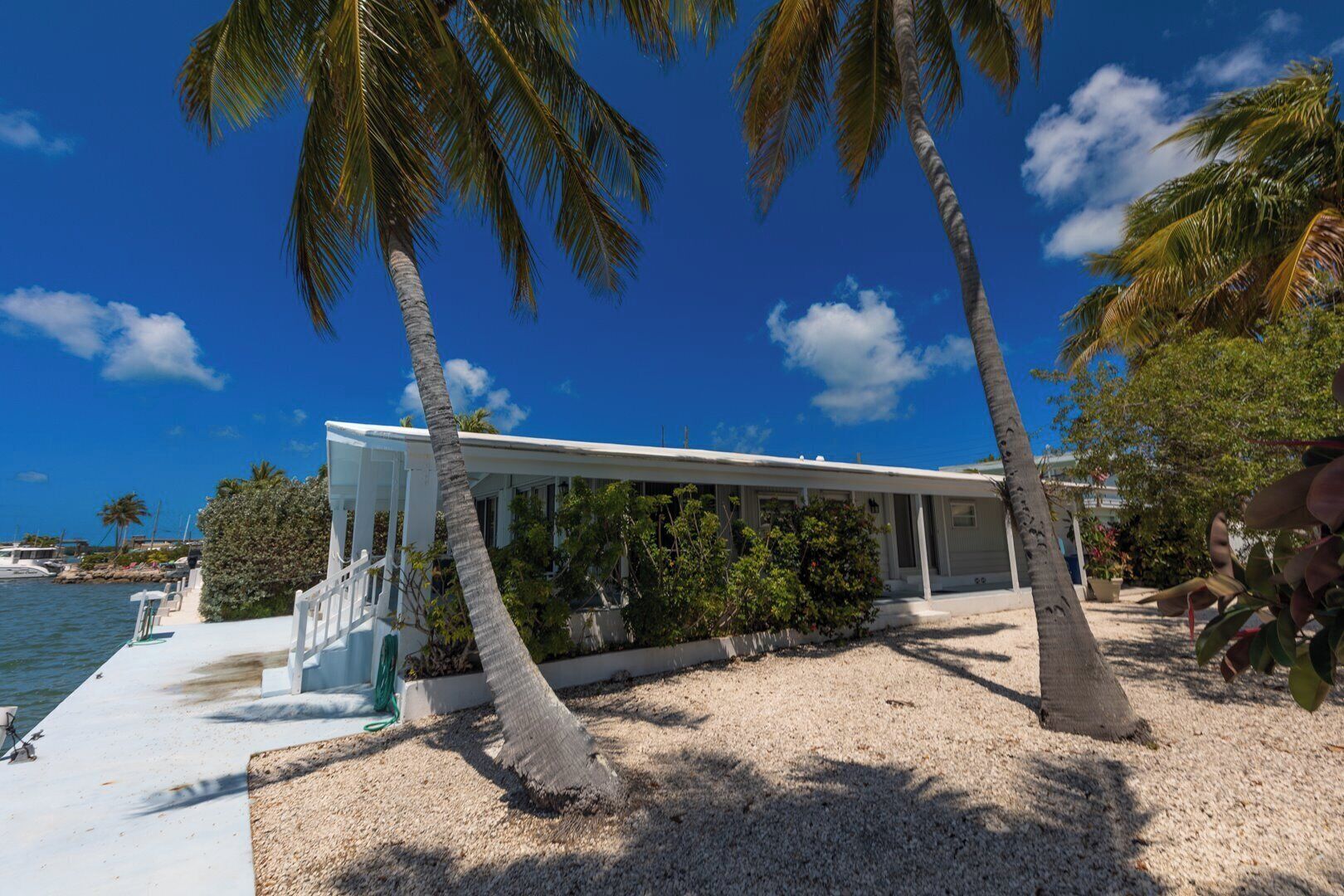 Un bâtiment situé sur la côte, avec une façade blanche, entouré de palmiers et surplombé d’un ciel bleu clair.