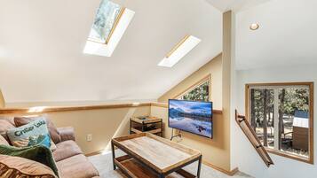 Télévision, cheminée, lecteur de DVD, vidéothèque