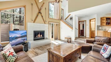 Télévision, cheminée, lecteur de DVD, vidéothèque