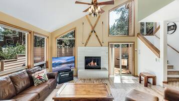 Télévision, cheminée, lecteur de DVD, vidéothèque