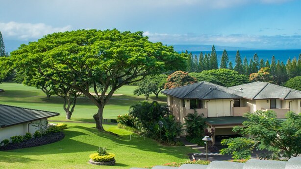 A residential area with a large tree, a house with a green roof, and a view of the ocean. - Kapalua Golf Villa 20T5 Relax & Unwind (Kapalua)