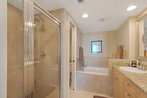 Hair dryer, towels, soap, shampoo