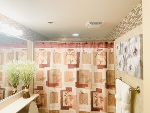 Combined shower/bathtub, jetted bath, hair dryer, towels