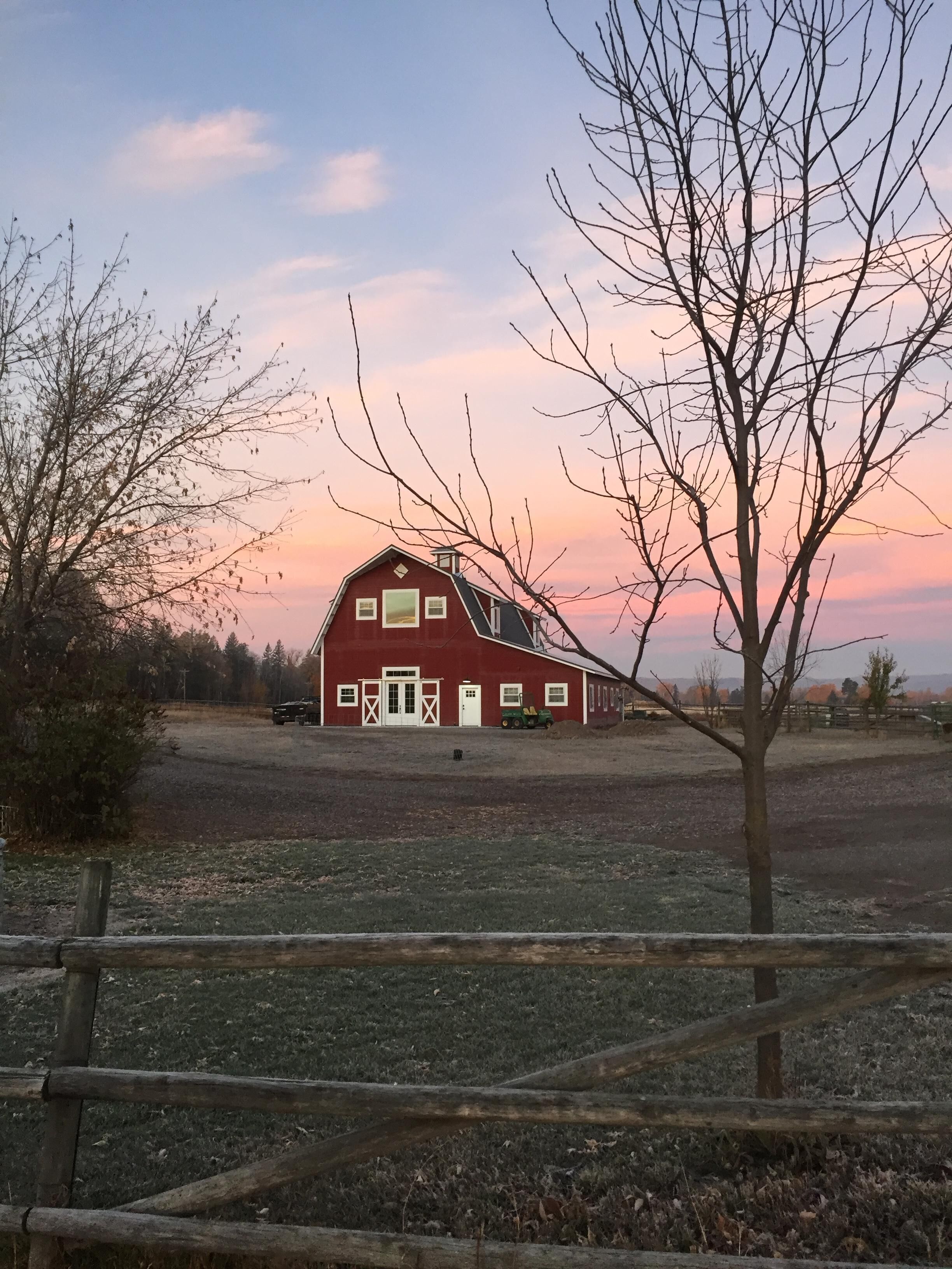 A red barn with a white door and windows, surrounded by a fenced area with a tree in the foreground.